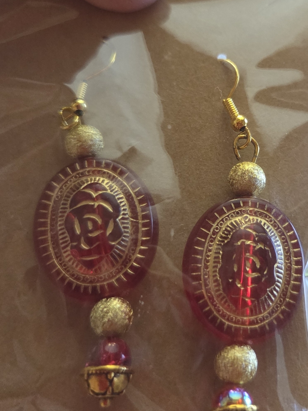 Gold and Deep Red Oval Filigree Drop Earrings